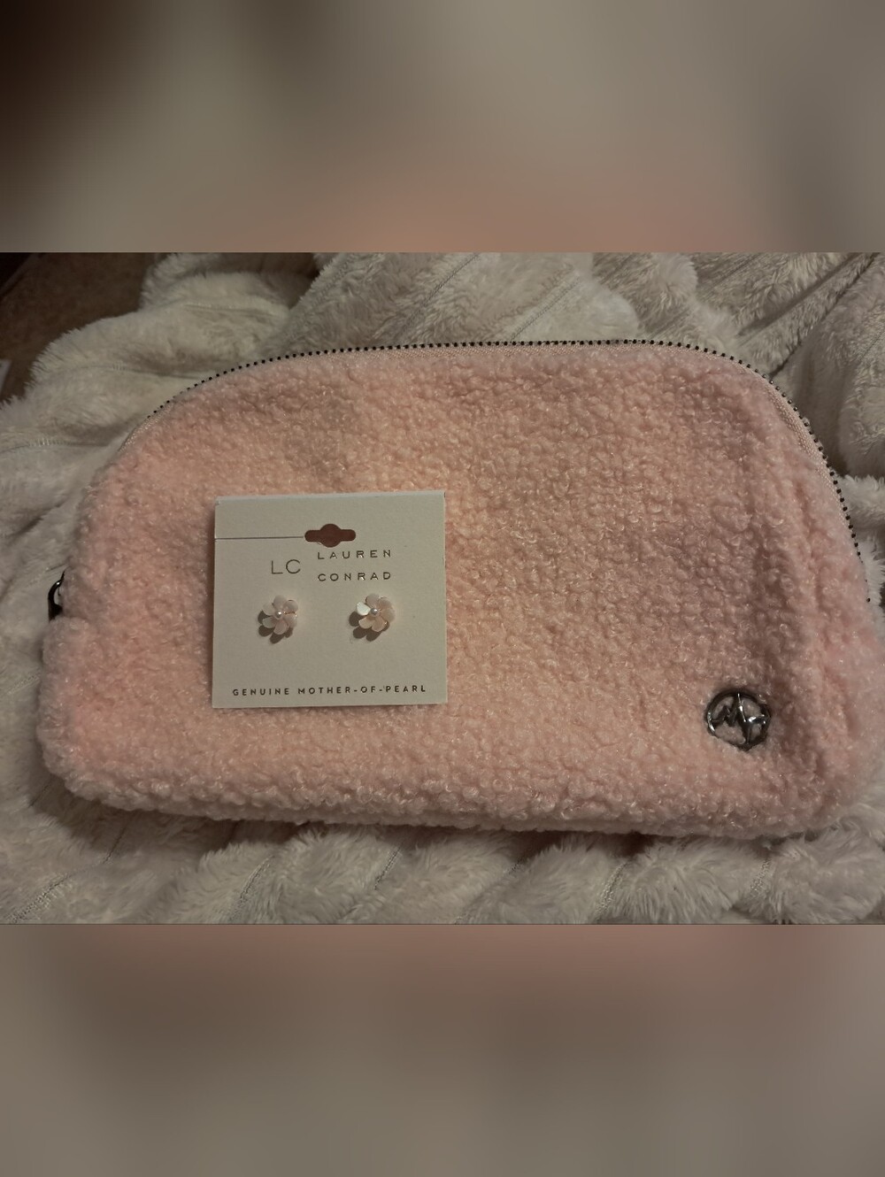 NWT LC Lauren Conrad Earrings & Light Pink Sherpa Zip Pouch Bundle